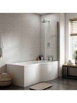 Casperia Acrylic B Shaped Single Ended Shower Bath, Bath Panel & Screen 0TH White Left or Right Hand