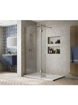 Aquadart Wetroom 10 Hinged Return Panel 2000 x 300 x 10mm Brushed Brass Frame Clear Glass