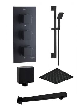 Observa Triple Square Valves & Double Outlet Concealed Shower Valve Slide Rail and Overhead Shower Kit Matt Black