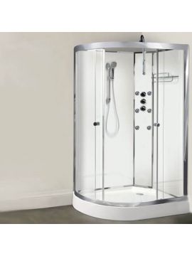 Arpino Framed Double Door White Panels Offset Quadrant Hydro Massage Shower Cabin 2250 x 1200/800 x 5mm Silver Frame Clear Glass