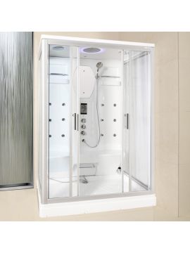 Palmoli Aroma/Chromatherapy Bluetooth Framed Double Door White Panels 2 Person Rectangular Steam Shower Cabin 2275 x 1400/900 x 5mm Silver Frame Clear Glass