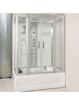 Salcito Aroma/Chromatherapy Bluetooth Framed Double Door Steam Shower Whirlpool and Airspa Bath Silver Frame Clear Glass