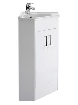 Marolino Double Door Corner Floor Standing Vanity Unit & Round Basin 385mm Gloss White
