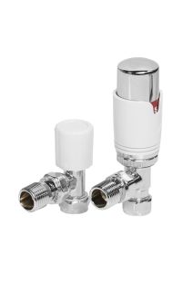 Angled TRV & Lockshield Round White Radiator Valve